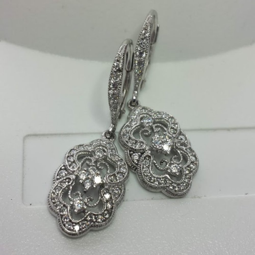 925 Sterling Silver CZ Diamonique Floral Earrings Retro Art Deco Style - Picture 14 of 14